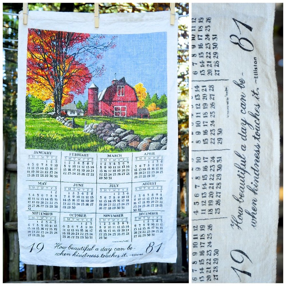 VTG 1981 Country Farm Red Barn & Stone Wall Calendar Towel Birthday Anniversary